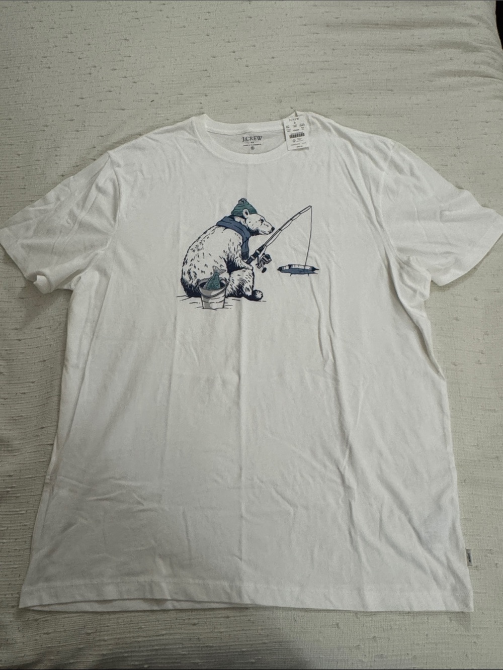 J. Crew White Short-Sleeve T-Shirt with Navy Fishing Bear Graphic